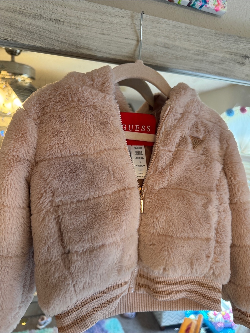 Guess Kids Plush Hooded Puffer Jacket in Blush Pink